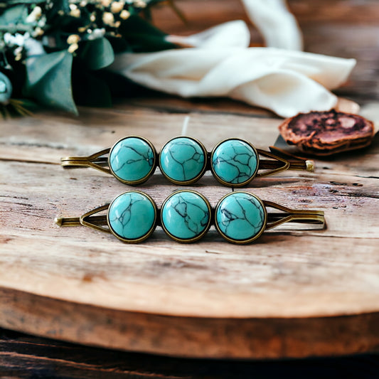 Turquoise Hair Pins - Western Cowgirl Decorative Brass Bobby Pins, Women's Southwestern Hair Accessories
