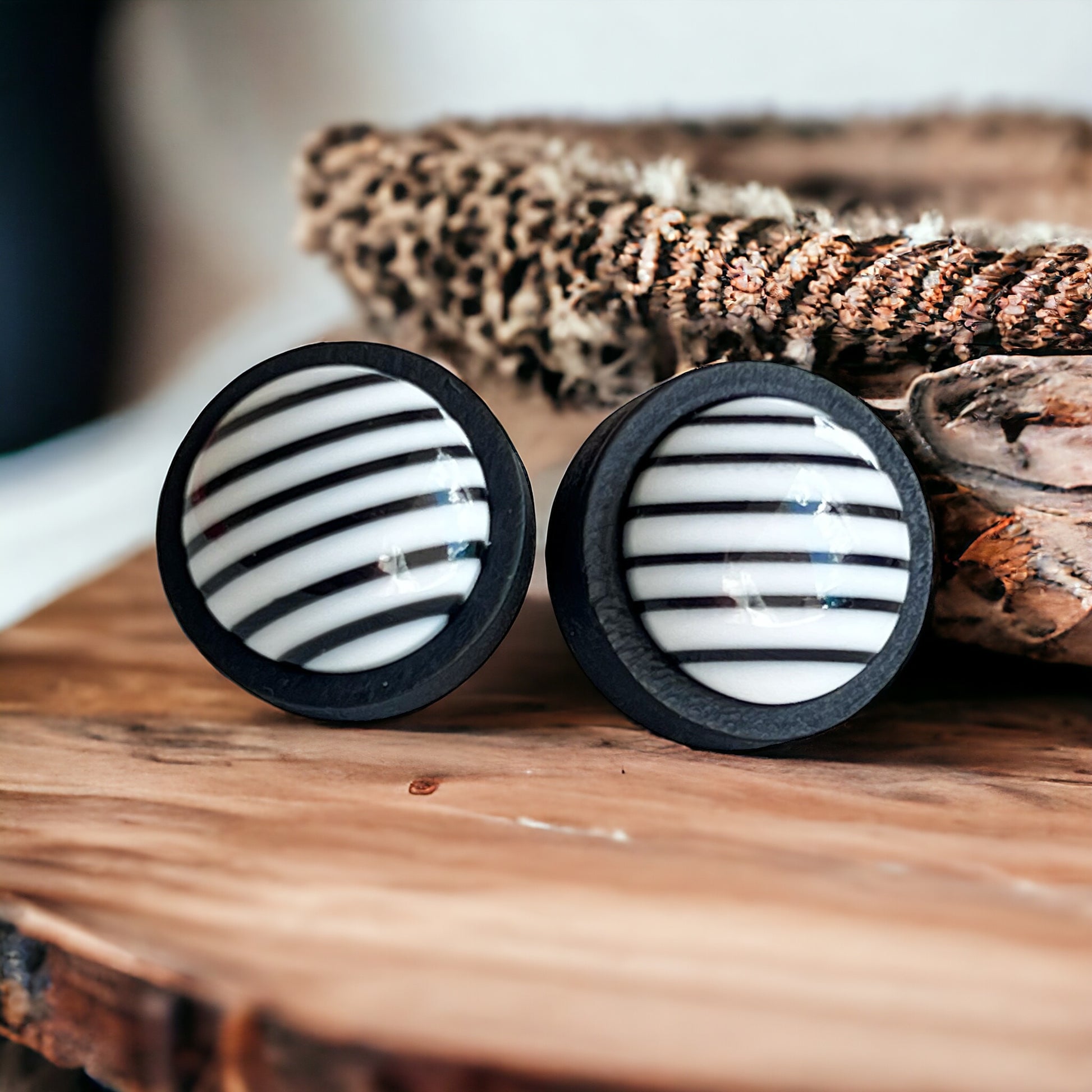 Black & White Striped Black Wood Earrings - Stylish & Contemporary Accessories