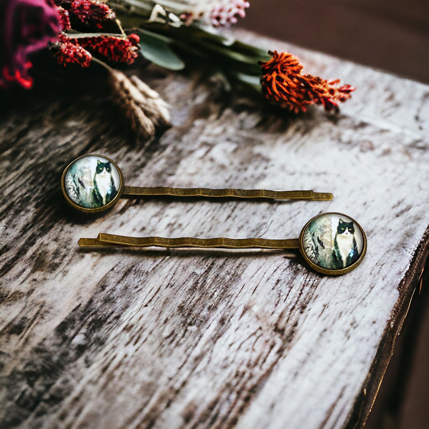 Black & White Cat Brass Hair Pins - Feline-Inspired Accessories