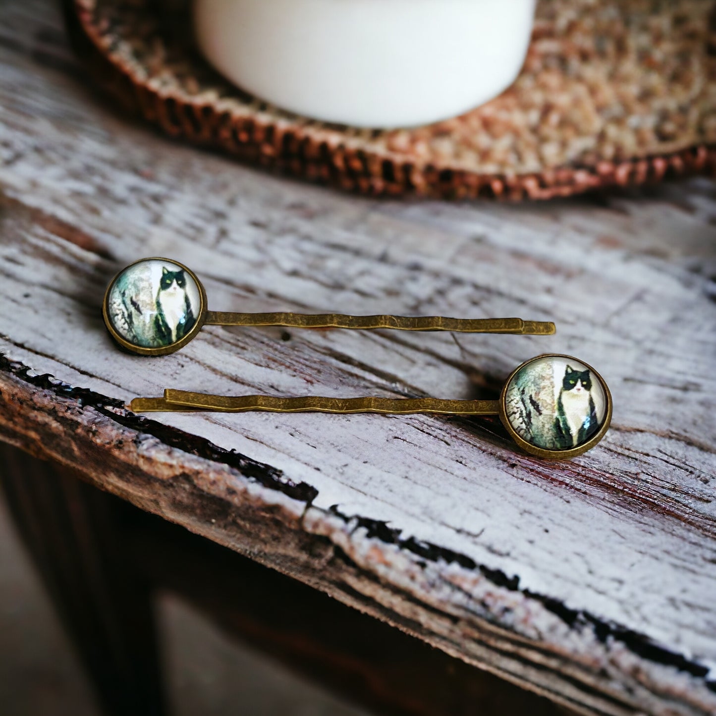 Black & White Cat Brass Hair Pins - Feline-Inspired Accessories