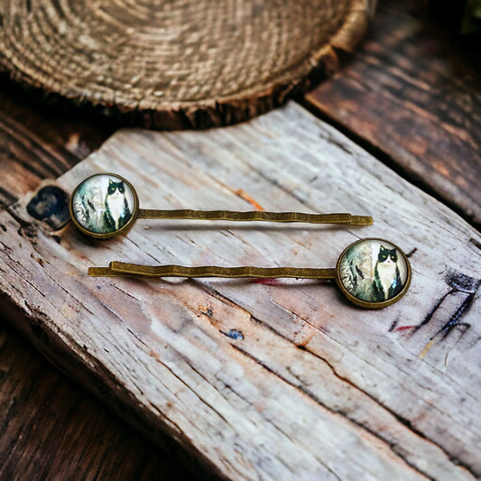 Black & White Cat Brass Hair Pins - Feline-Inspired Accessories