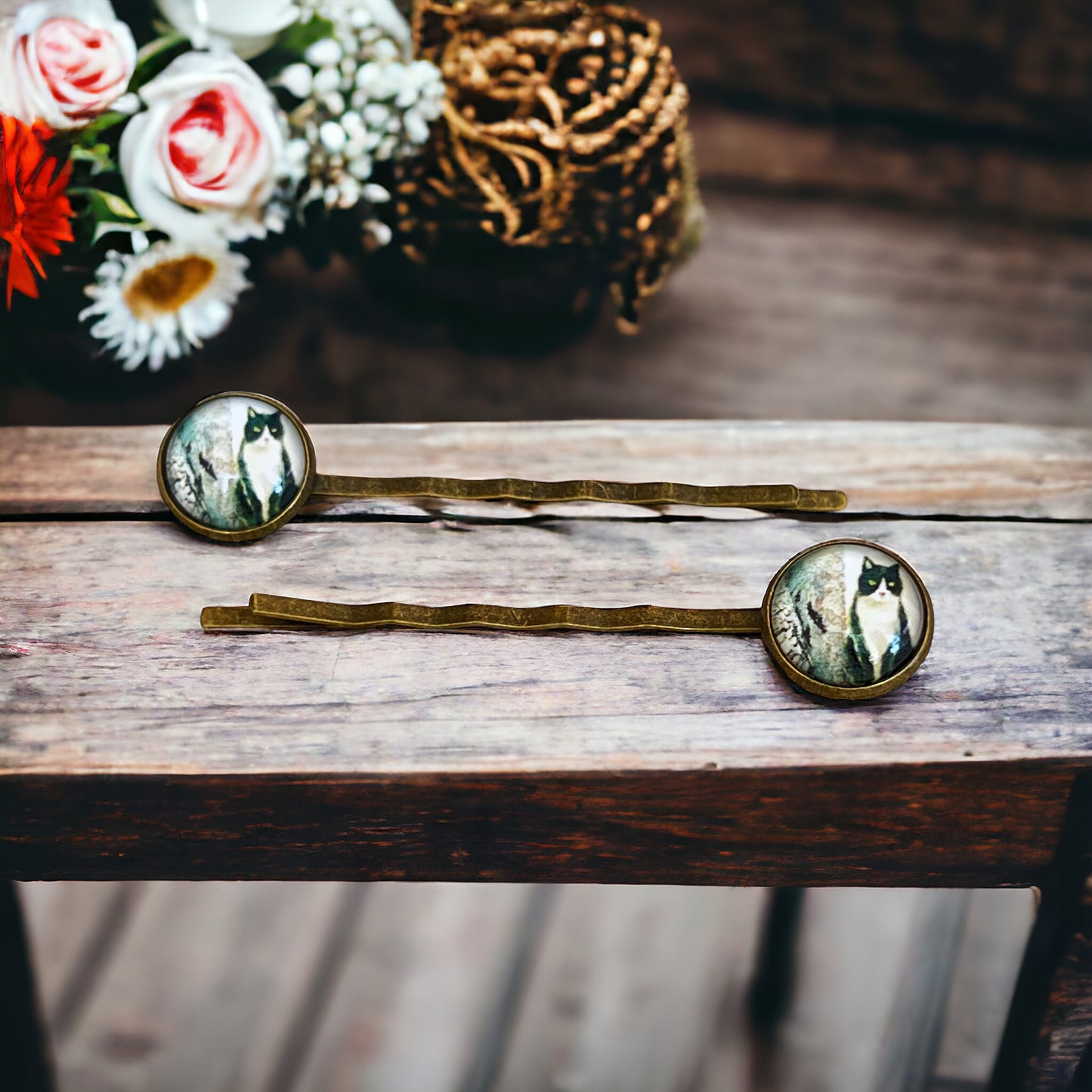 Black & White Cat Brass Hair Pins - Feline-Inspired Accessories