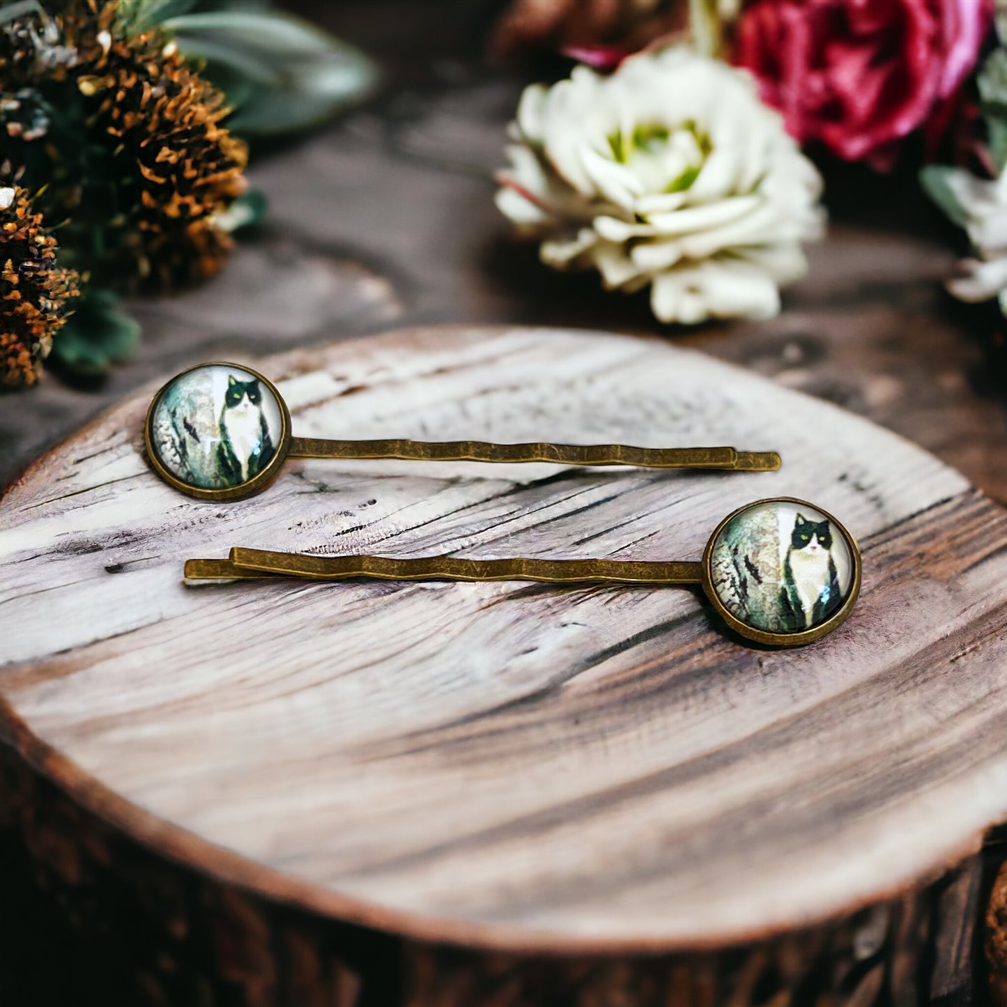 Black & White Cat Brass Hair Pins - Feline-Inspired Accessories