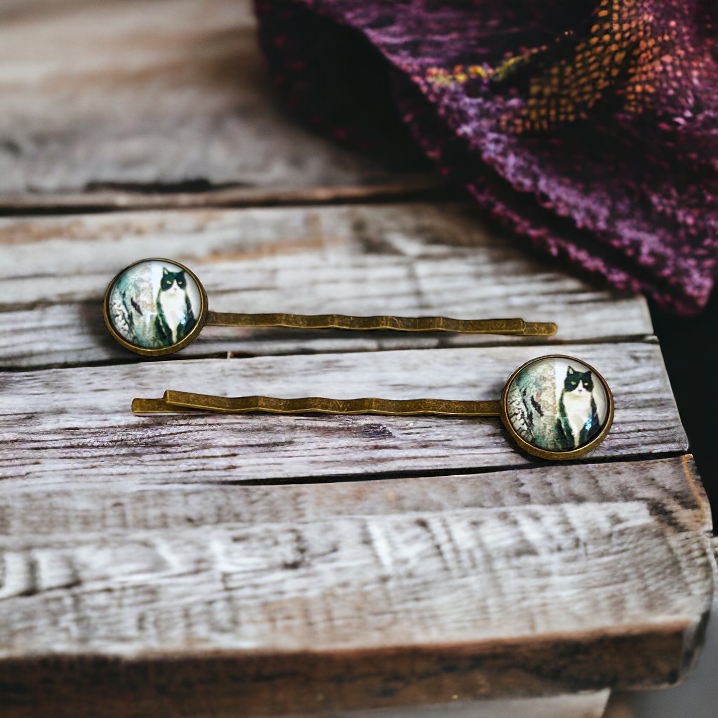 Black & White Cat Brass Hair Pins - Feline-Inspired Accessories