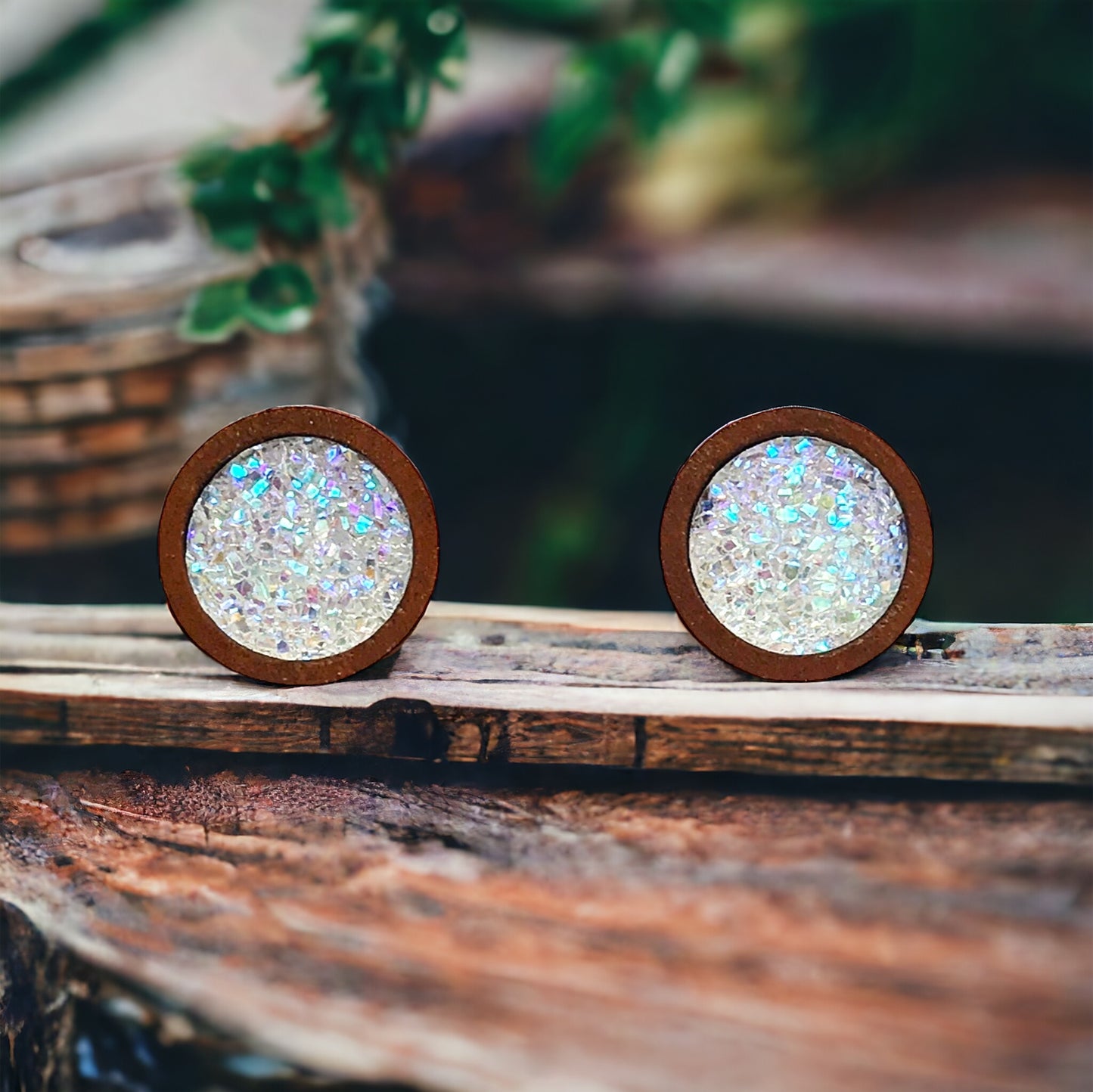 Glitter Druzy Wood Stud Earrings - Sparkling Statement Accessories