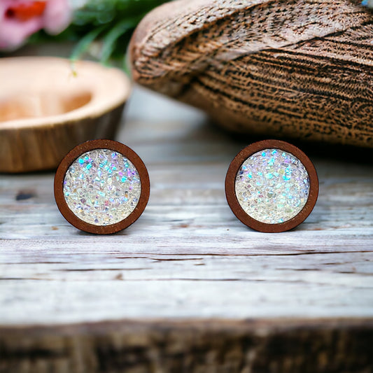 Glitter Druzy Wood Stud Earrings - Sparkling Statement Accessories