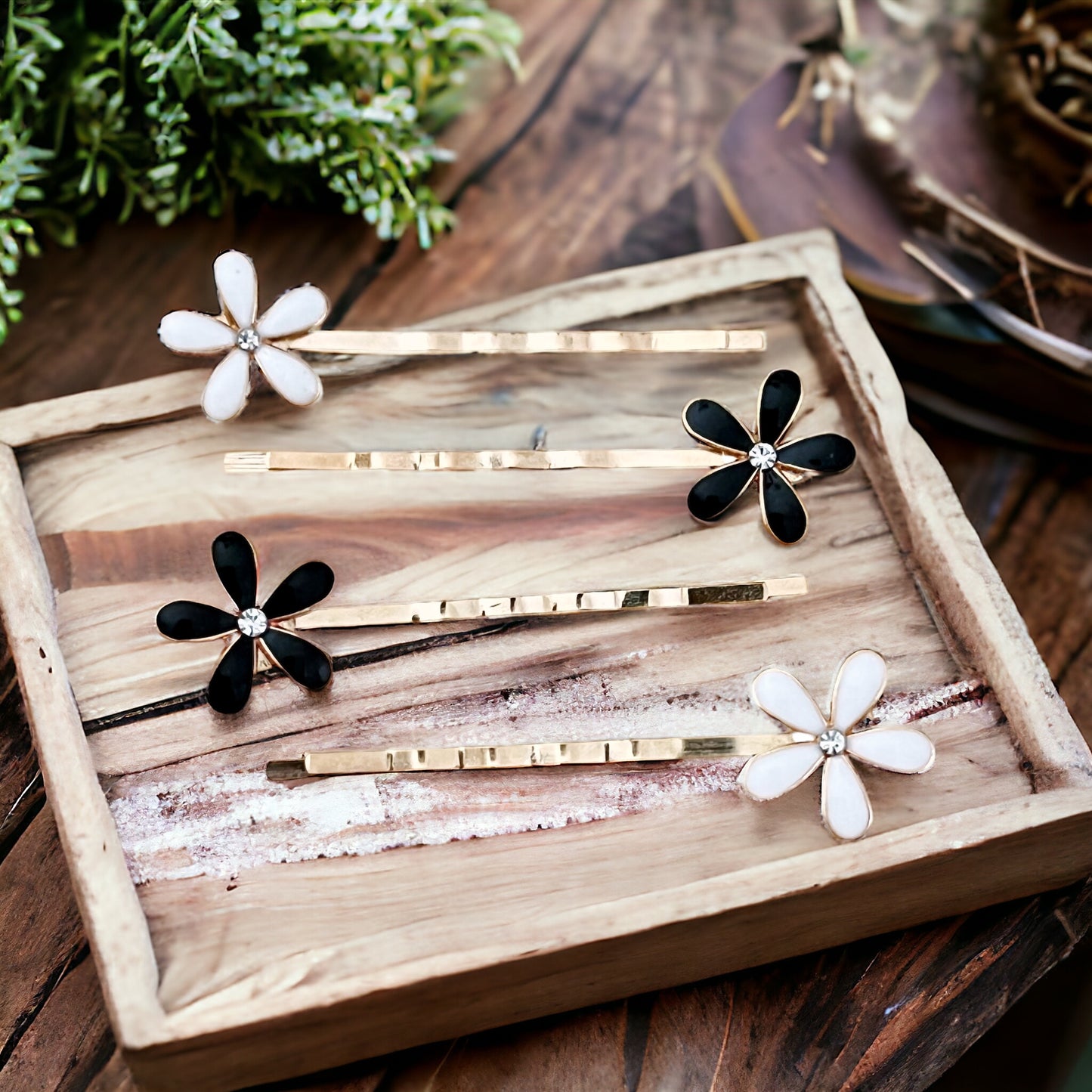 Black & White Enamel Rhinestone Flower Hair Pins - Elegant Floral Hair Accessories