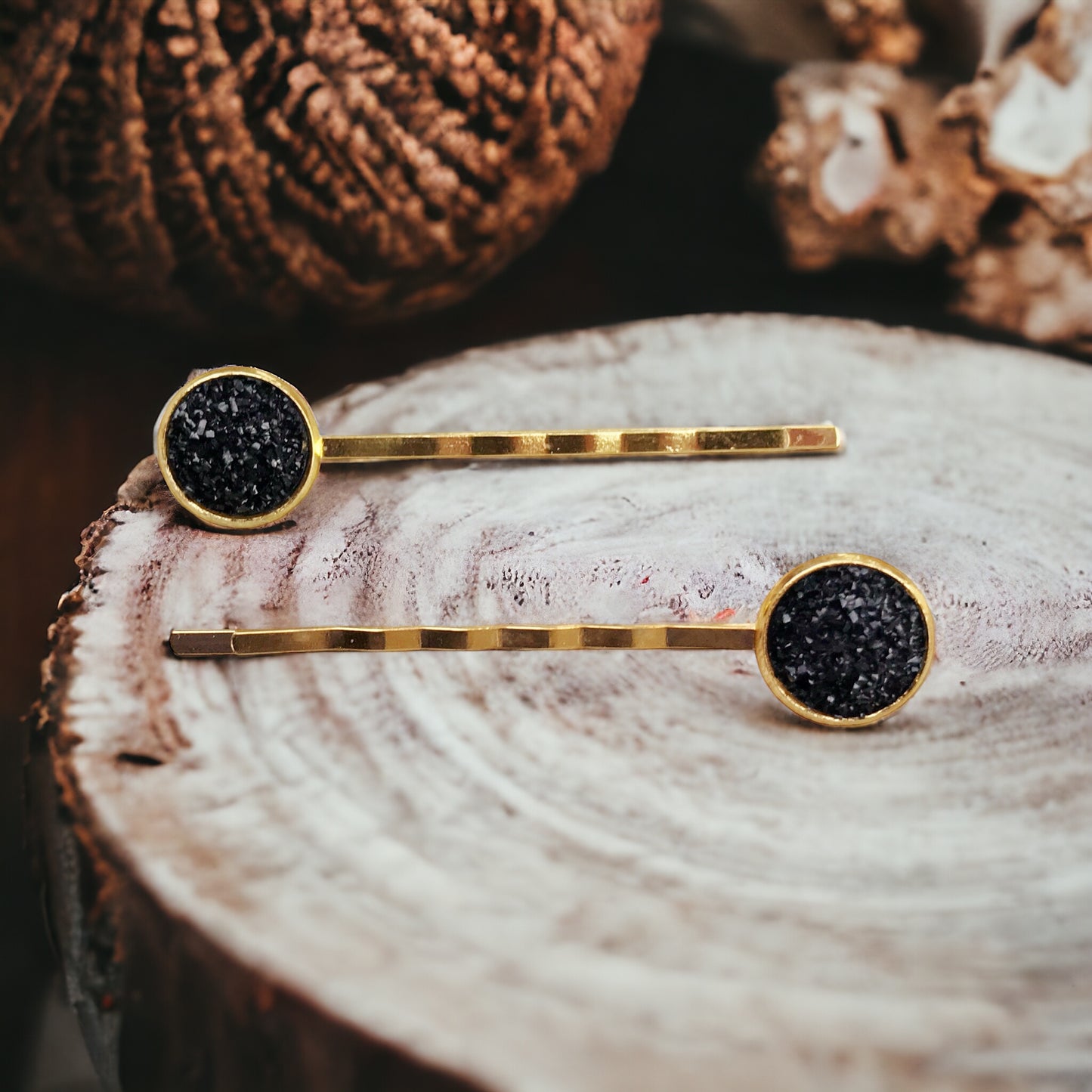 Black & Gold Druzy Hair Pins Set of 2 - Elegant & Versatile Hair Accessories