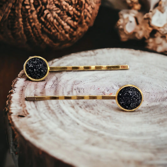 Black & Gold Druzy Hair Pins Set of 2 - Elegant & Versatile Hair Accessories