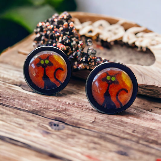 Black Cat Halloween Stainless Steel Black Wood Stud Earring - Spooky and Stylish Accessory