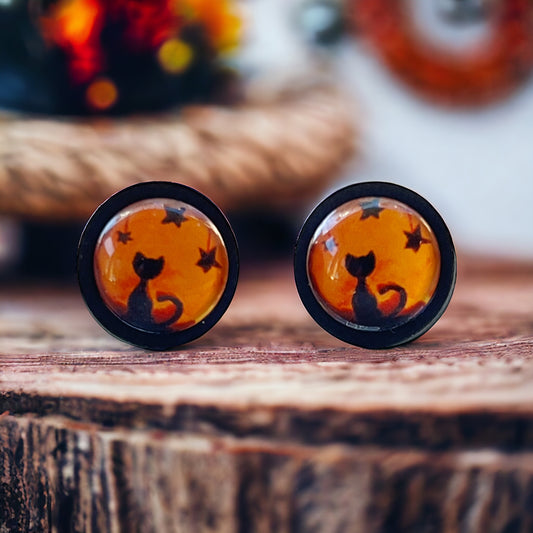 Black Cat Halloween Orange & Black Wood Stud Earring - Spooky & Stylish Accessory