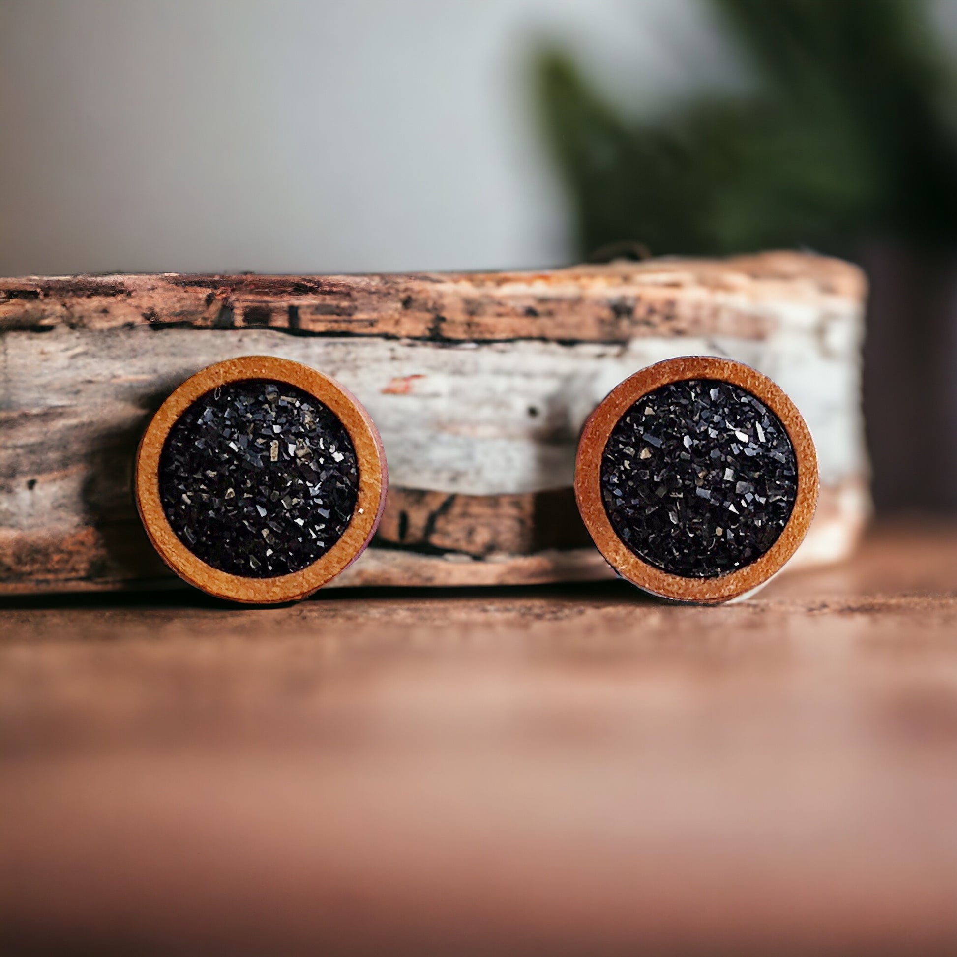 Black Druzy Wood Stud Earrings - Boho Chic Design -Statement Jewelry for Minimalist Style