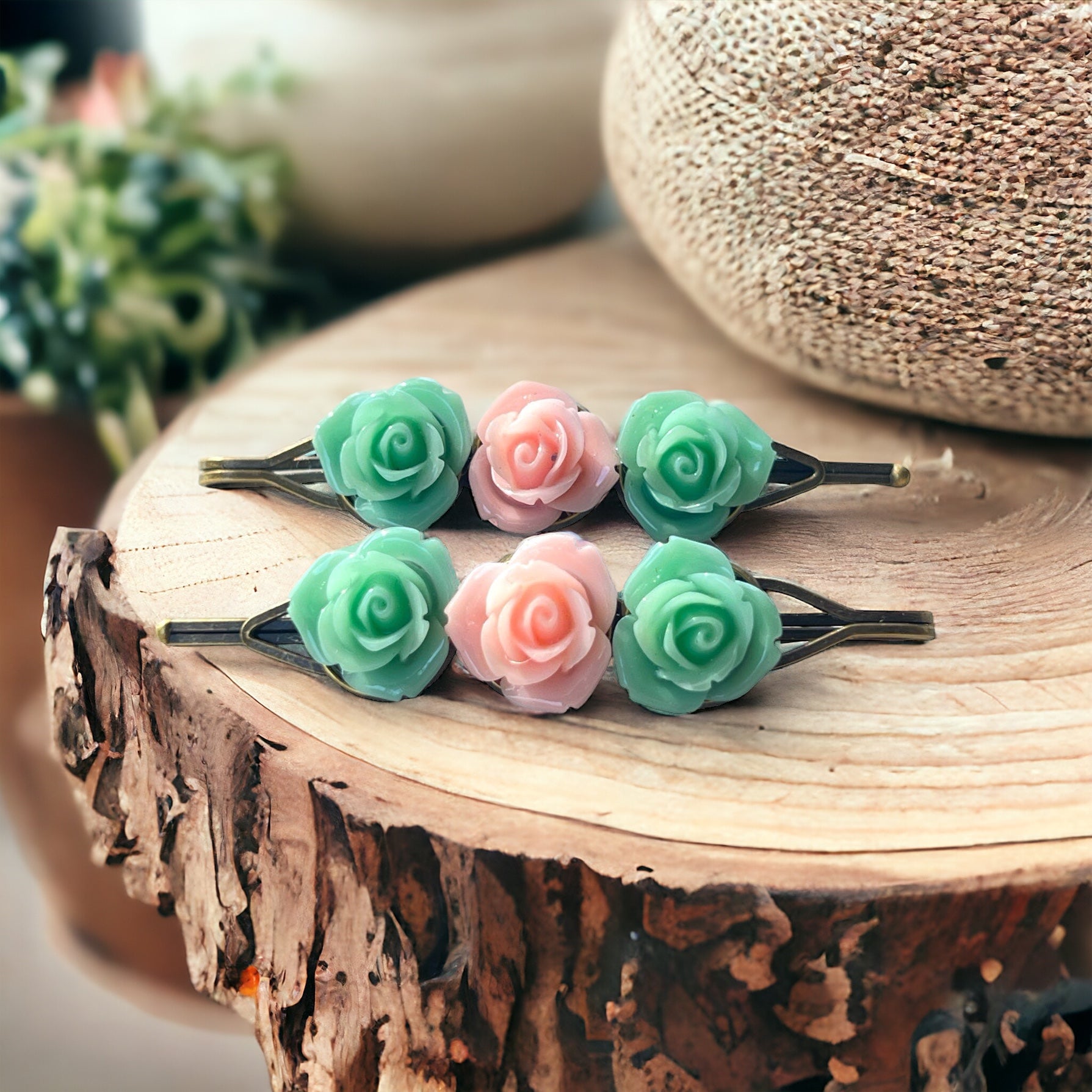 Mint & Pink Rose Floral Hair Pins: Elegant Springtime Accessories