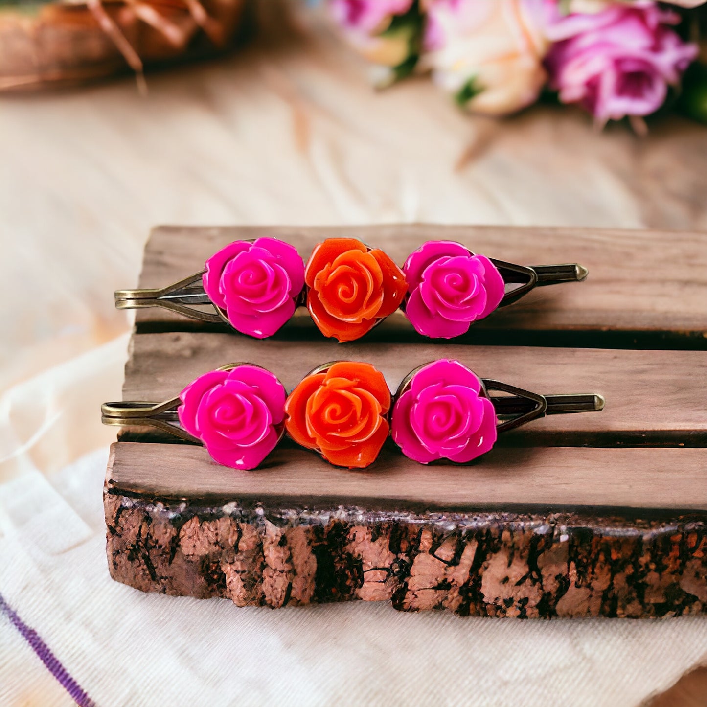 Hot Pink & Orange Rose Hair Pins – Bold Summer Flower Hair Clip Set