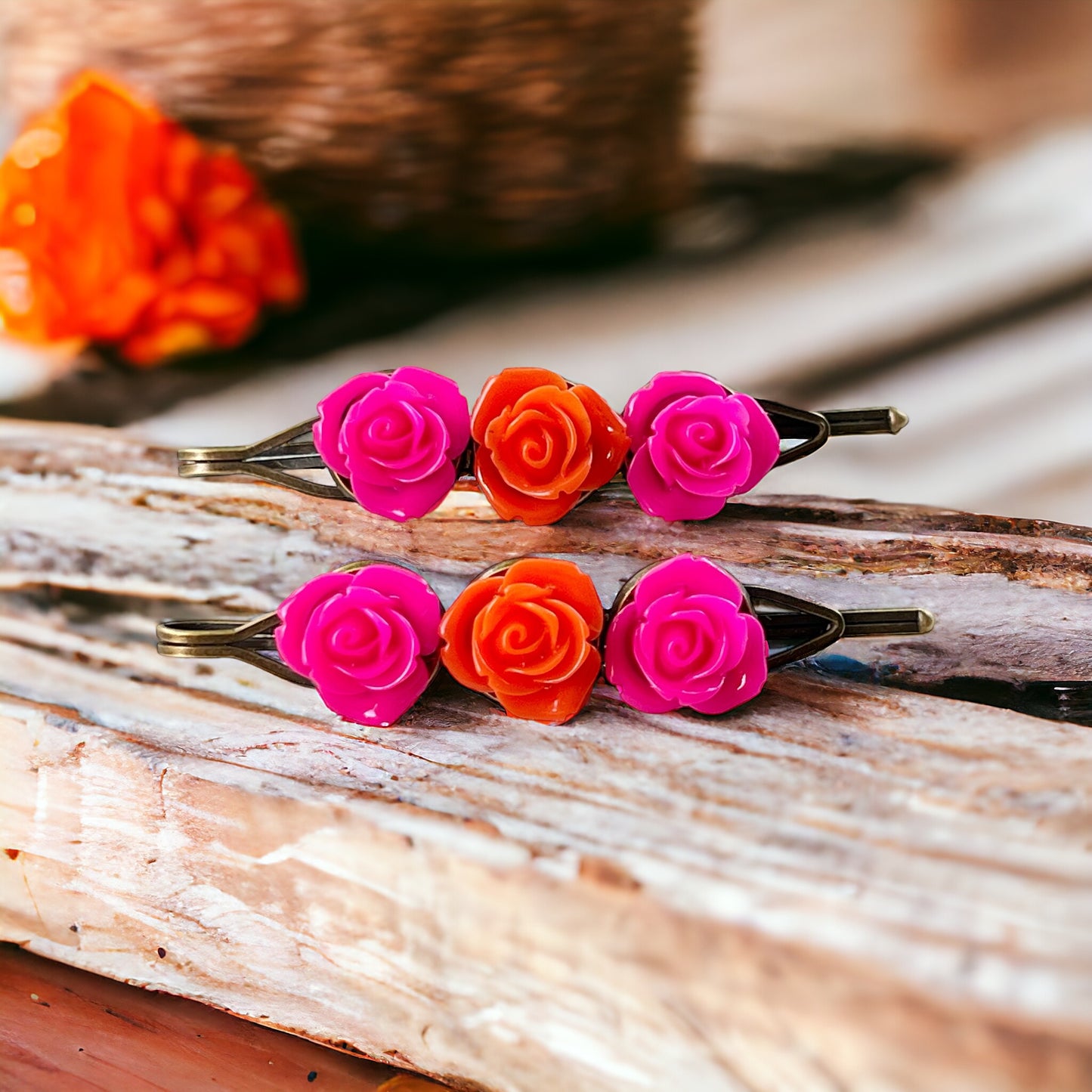 Hot Pink & Orange Rose Hair Pins – Bold Summer Flower Hair Clip Set