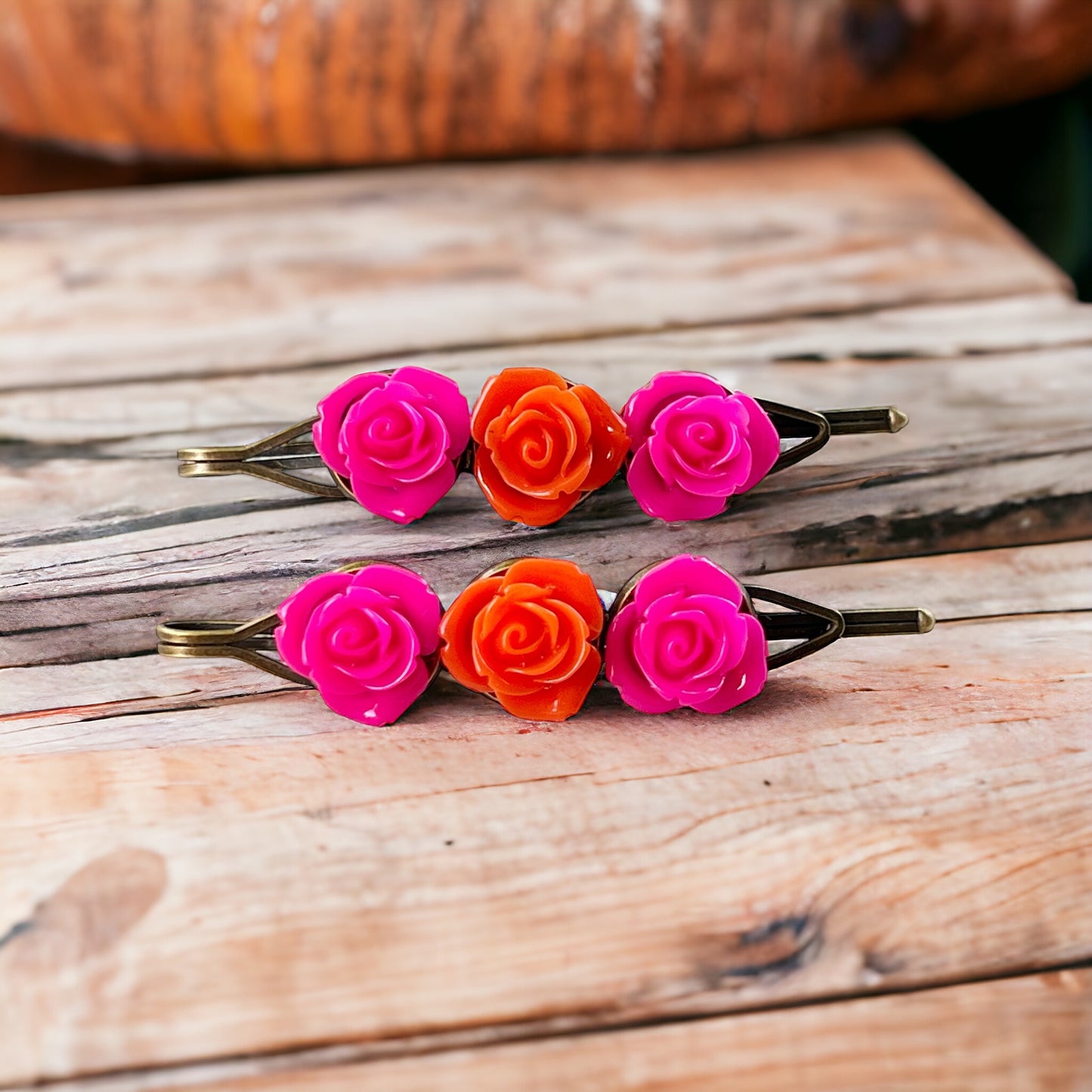 Hot Pink & Orange Rose Hair Pins – Bold Summer Flower Hair Clip Set