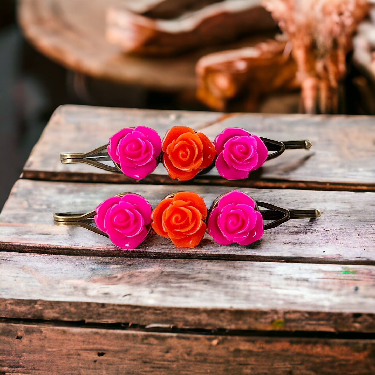 Hot Pink & Orange Rose Hair Pins – Bold Summer Flower Hair Clip Set