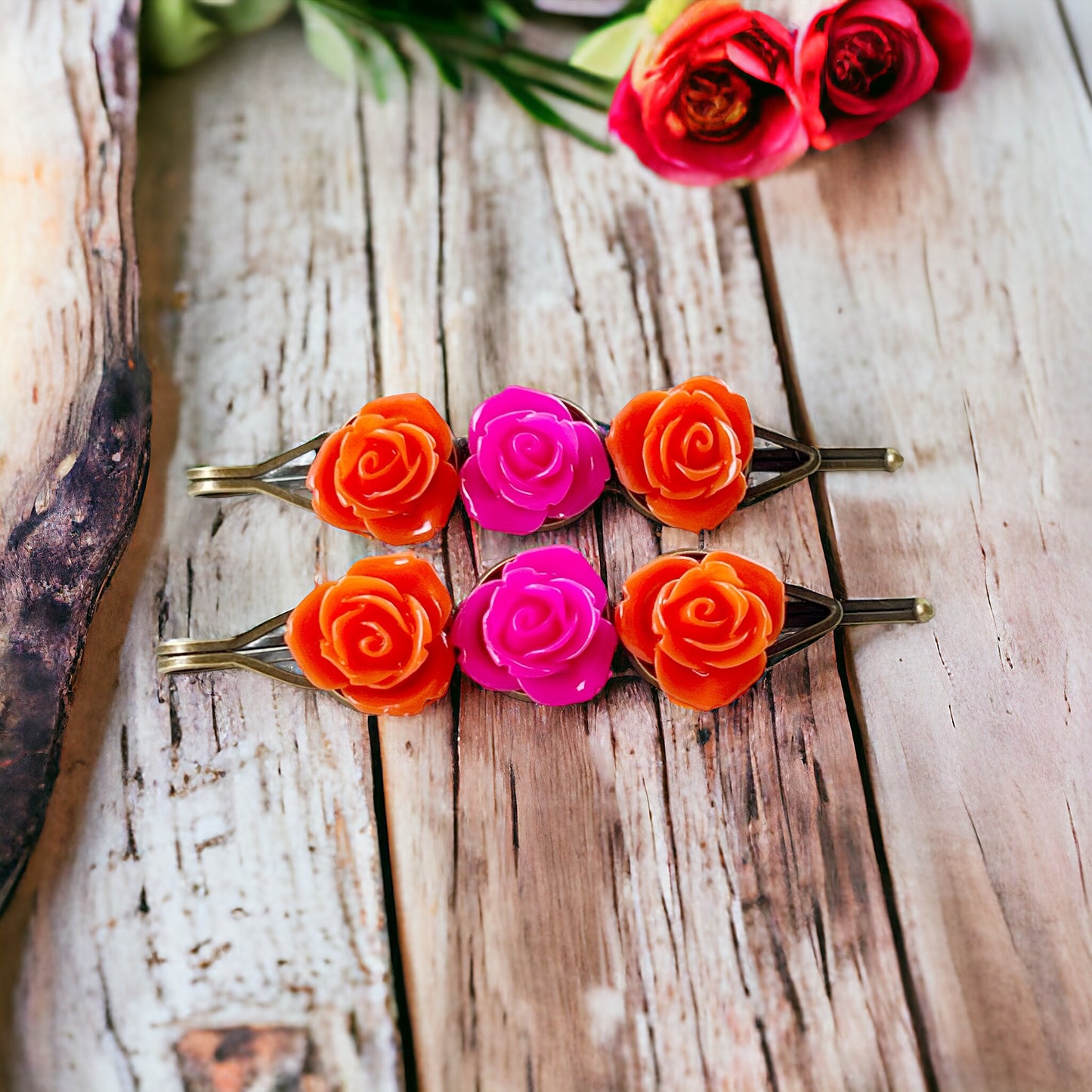 Orange & Hot Pink Rose Hair Pins – Bright Floral Hair Accessories Set