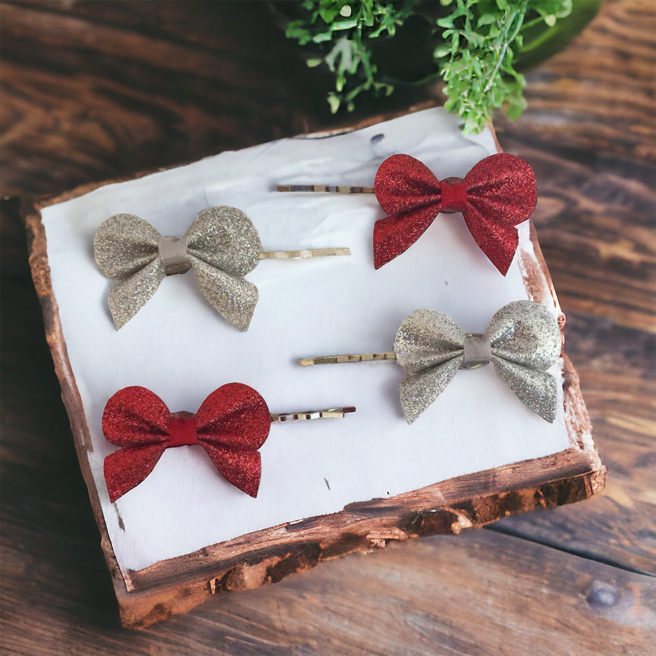 Red & Silver Glitter Bow Hair Pins - Set of 4 Sparkling Accessories