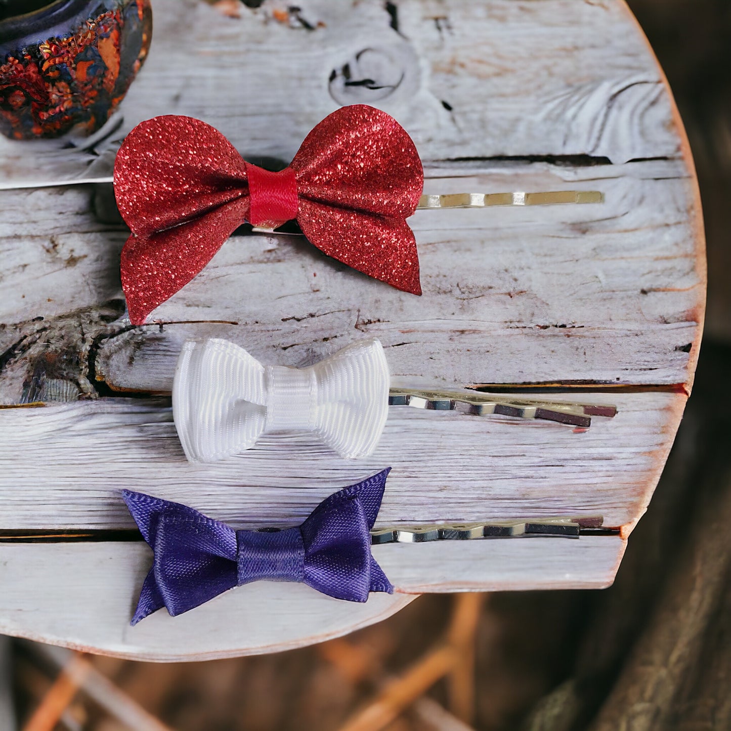 Set of 3 Patriotic Bow Hair Pins: Red, White & Blue Hair Accessories