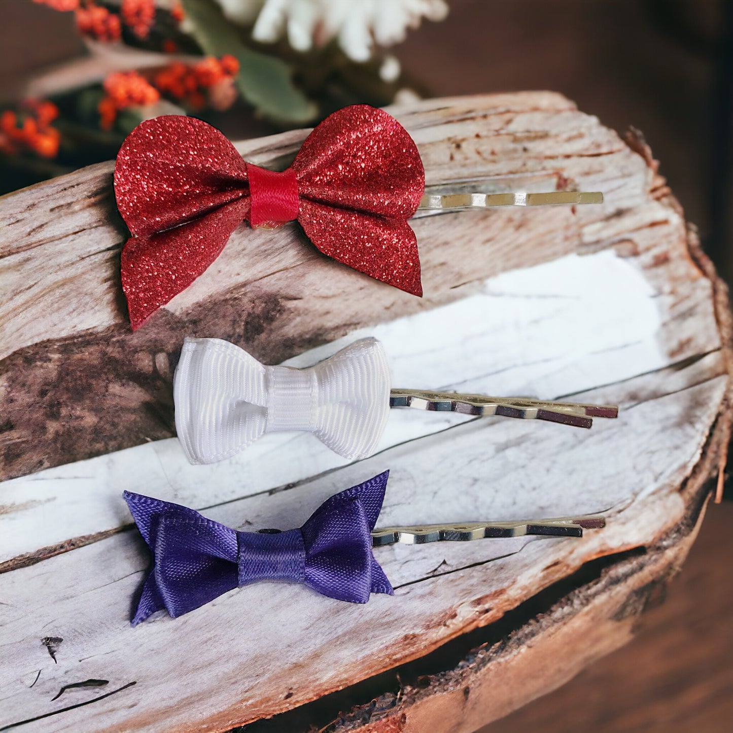 Set of 3 Patriotic Bow Hair Pins: Red, White & Blue Hair Accessories