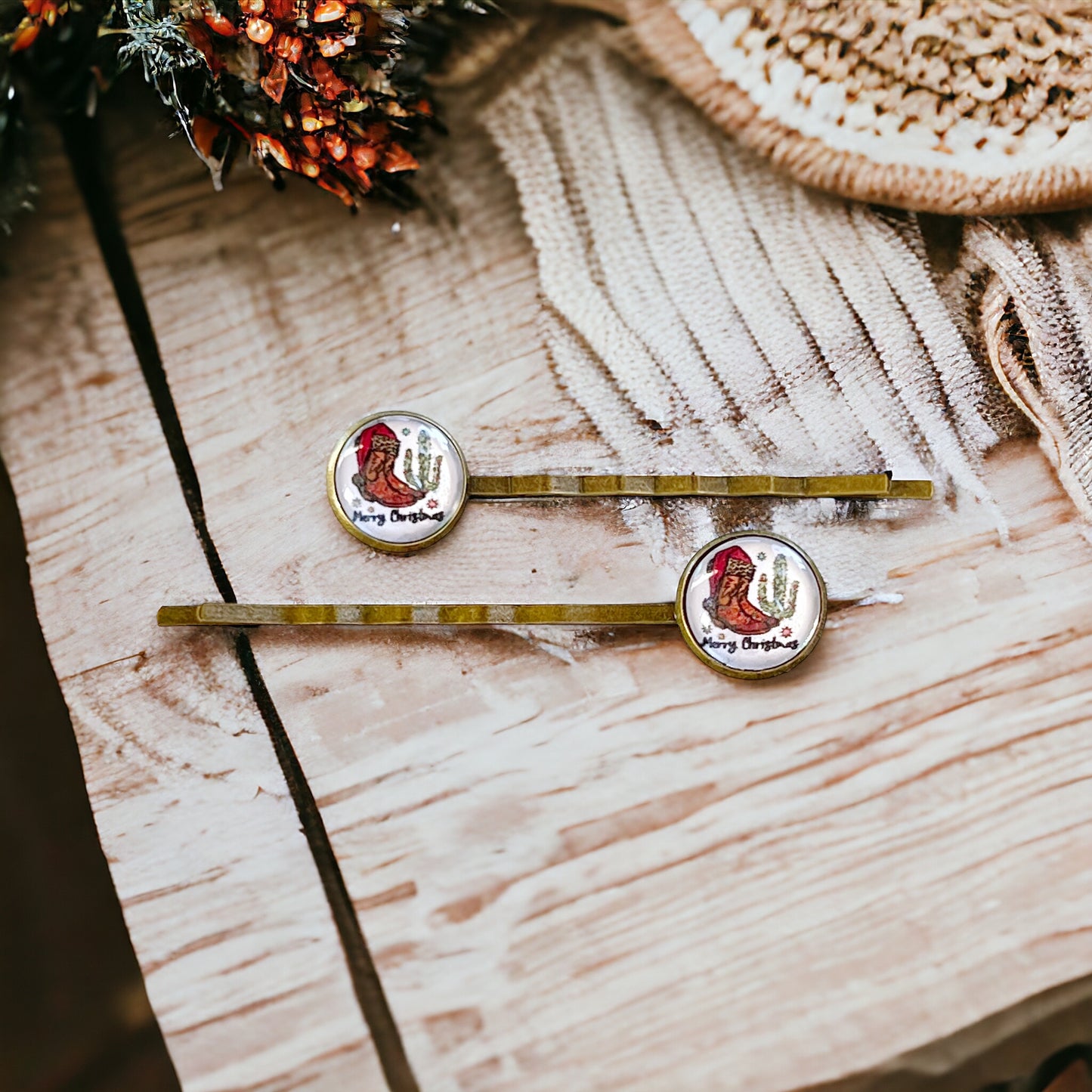 Cowboy Boots & Cactus Christmas Hair Pins - Festive Western-Inspired Accessories