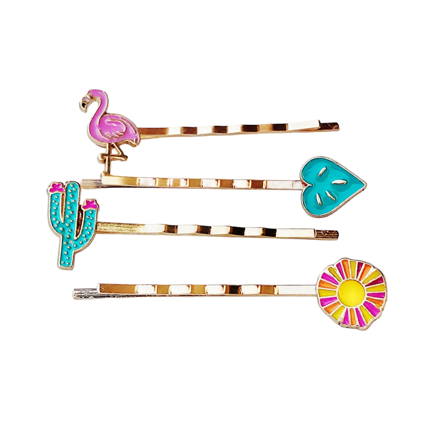 Tropical Vibes Hair Pin Set – Gold Bobby Pins with Flamingo, Cactus & Flower Charms