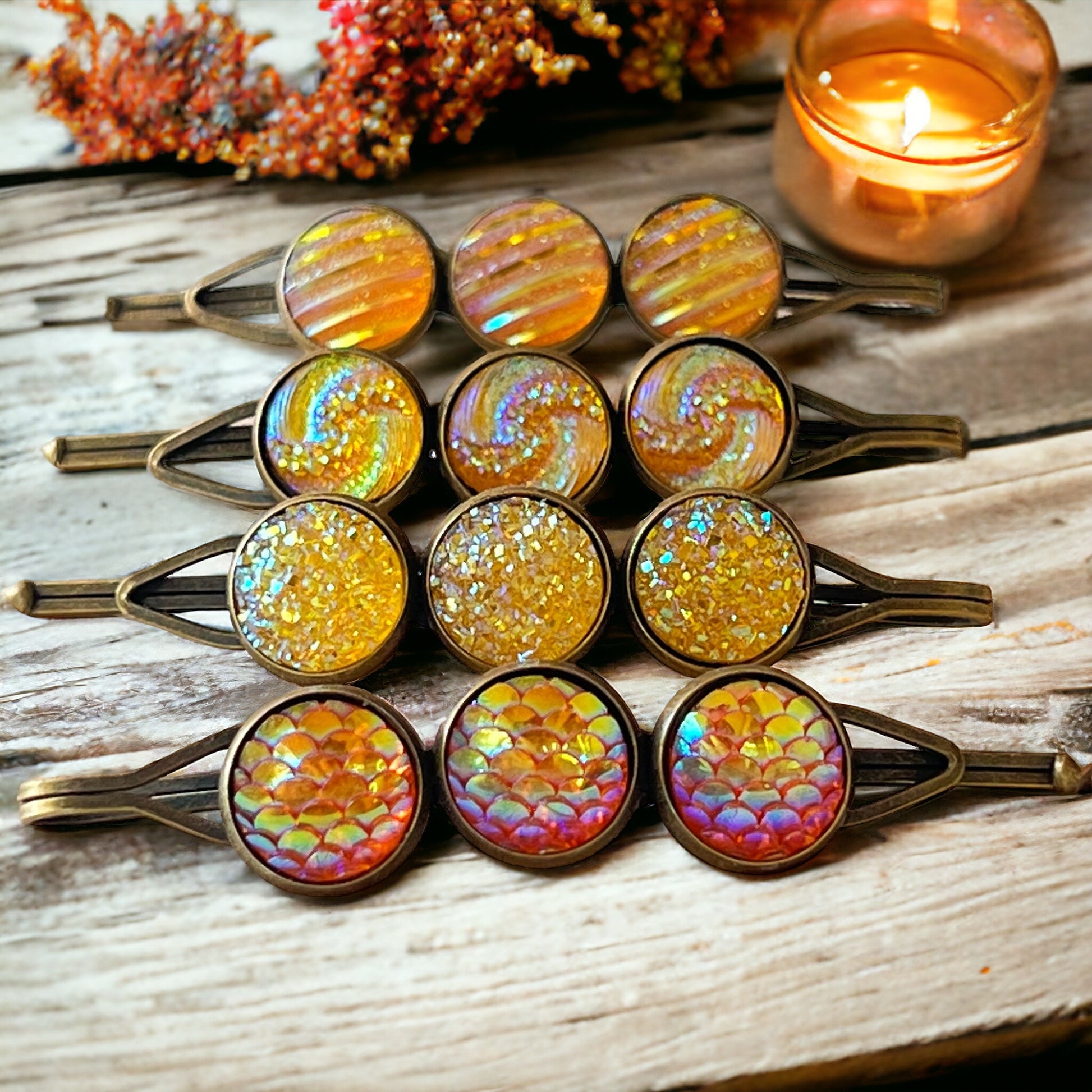 Yellow-Orange Glitter Druzy Hair Pins Set - Set of 4 with Unique Pattern Designs