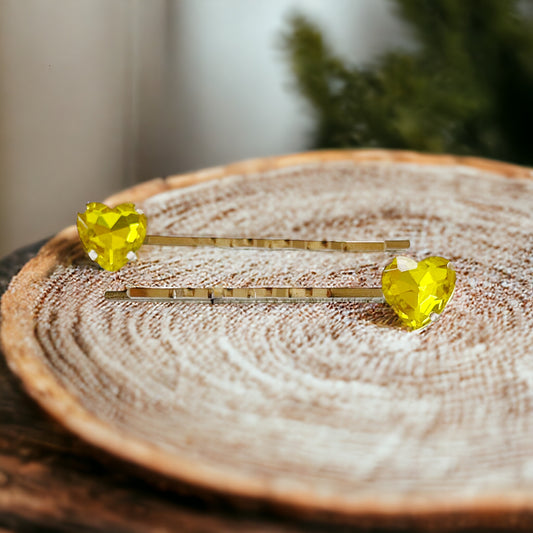 Yellow Rhinestone Heart Silver Hair Pins: Sparkling Romantic Accents