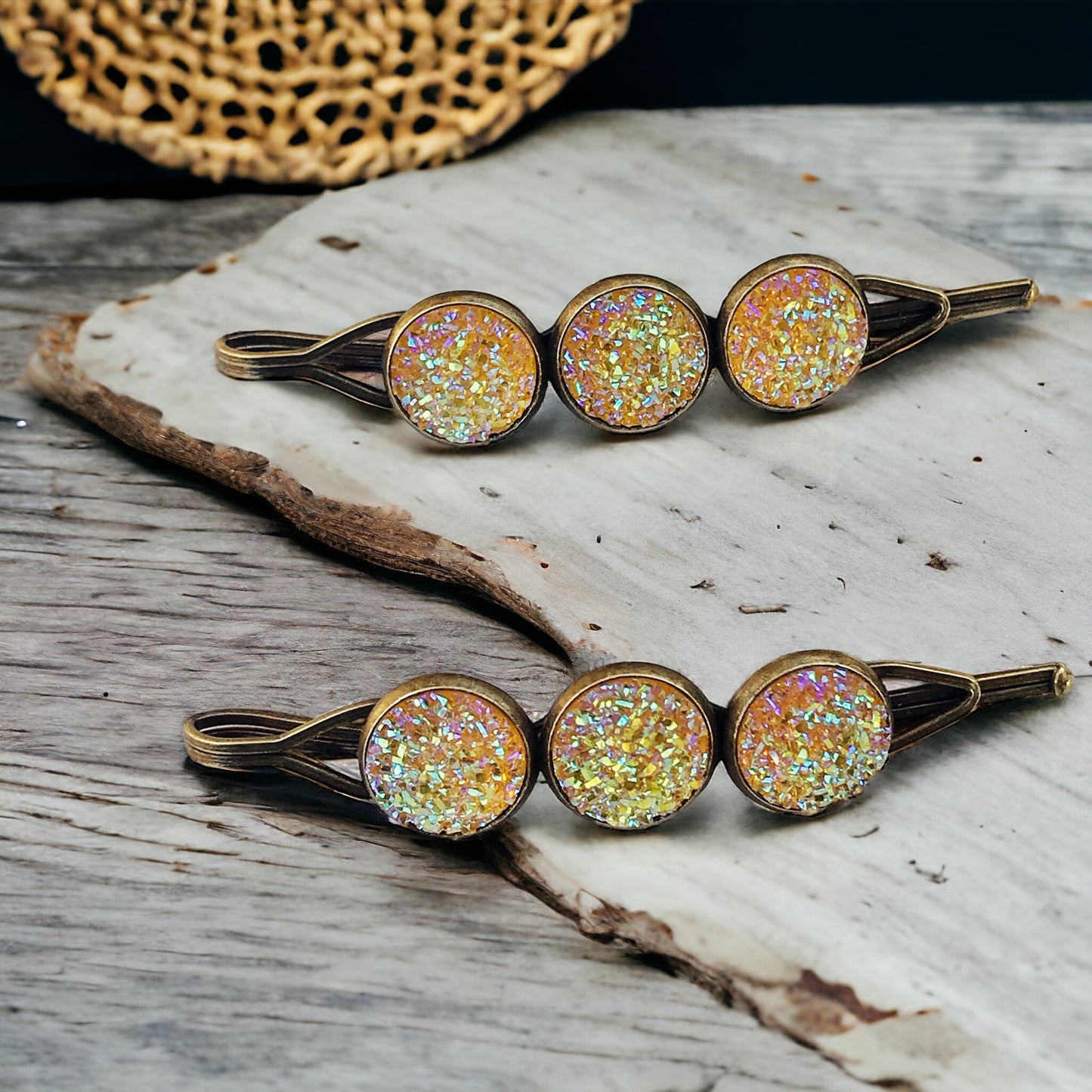 Yellow Glitter Druzy Hair Pins - Vibrant & Stylish Hair Accessories