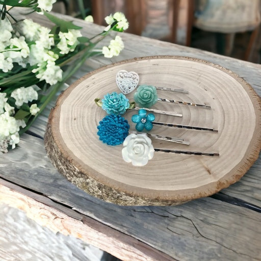 Blue & White Floral Hair Pins Set: Delicate Accessories for Elegant Hairstyles