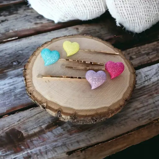 Pink, Purple, Yellow & Blue Glitter Heart Hair Pins - Sparkling & Colorful Hair Accessories