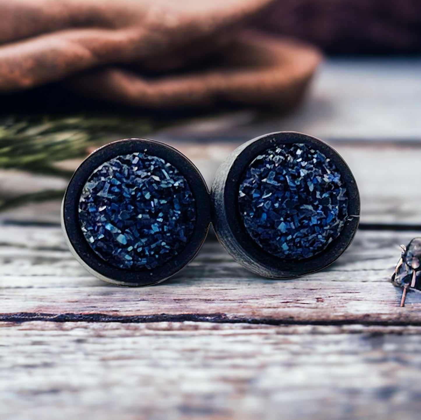 Round Blue Druzy & Black Wood Stud Earrings - Statement-making & Contemporary Accessories