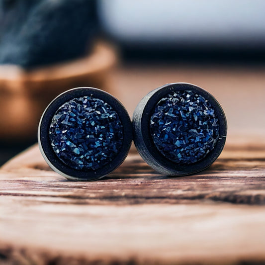 Round Blue Druzy & Black Wood Stud Earrings - Statement-making & Contemporary Accessories