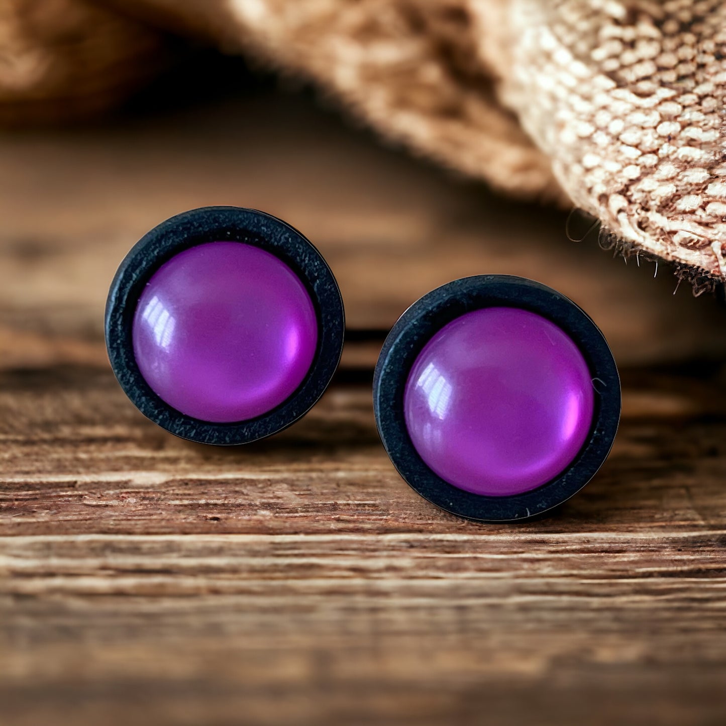 Purple Resin Black Wood Unisex Stud Earrings - Unique & Stylish Accessories