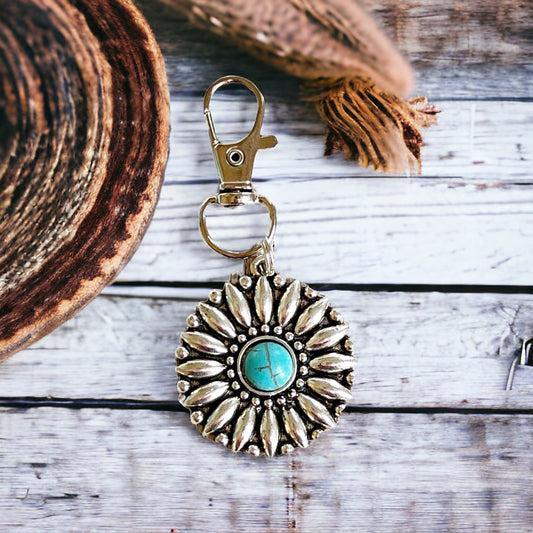 Western Turquoise Medallion Zipper Pull: Stylish Handbag Accent with Southwestern Flair