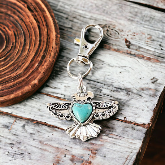 Turquoise Thunderbird Western Zipper Pull Handbag Charm - Stylish Southwest-Inspired Accessory