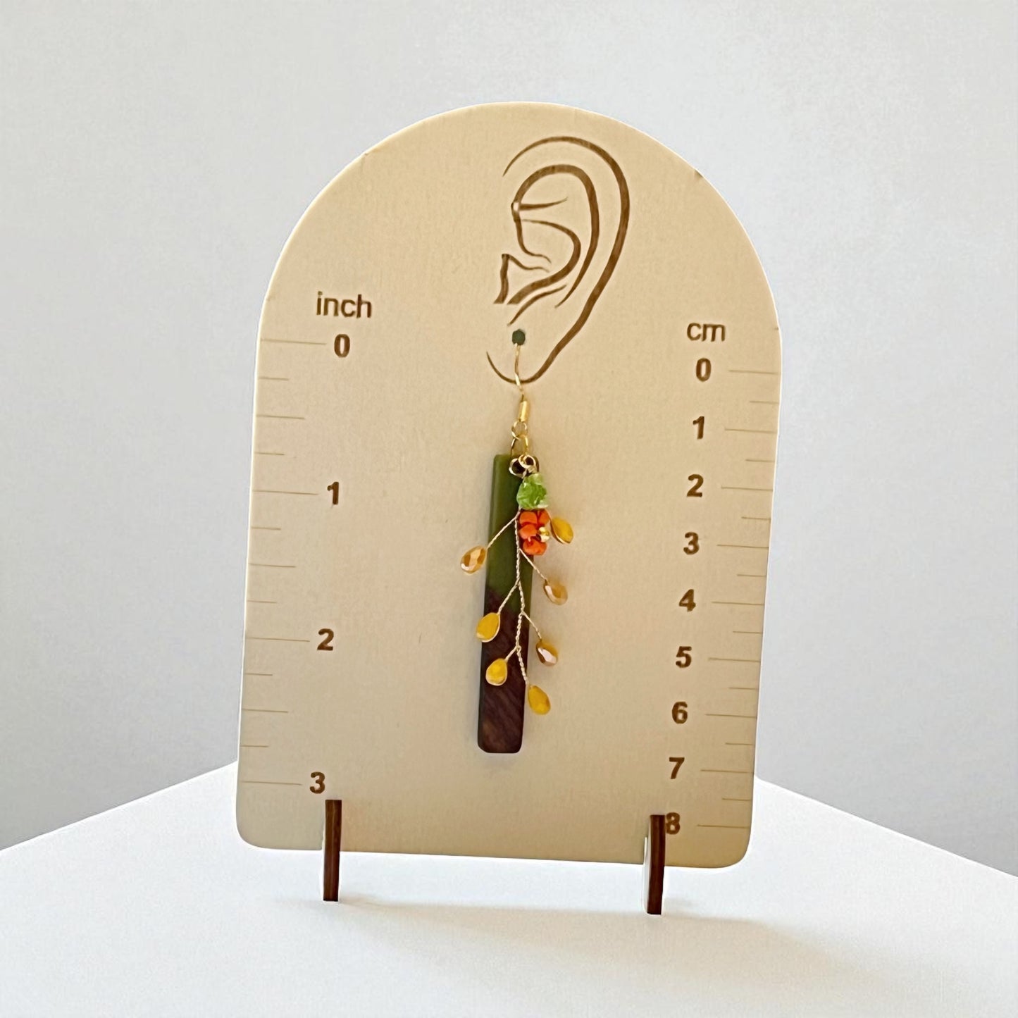 Autumn Vine Wood & Green Bar Earrings – Boho Fall Floral Drops