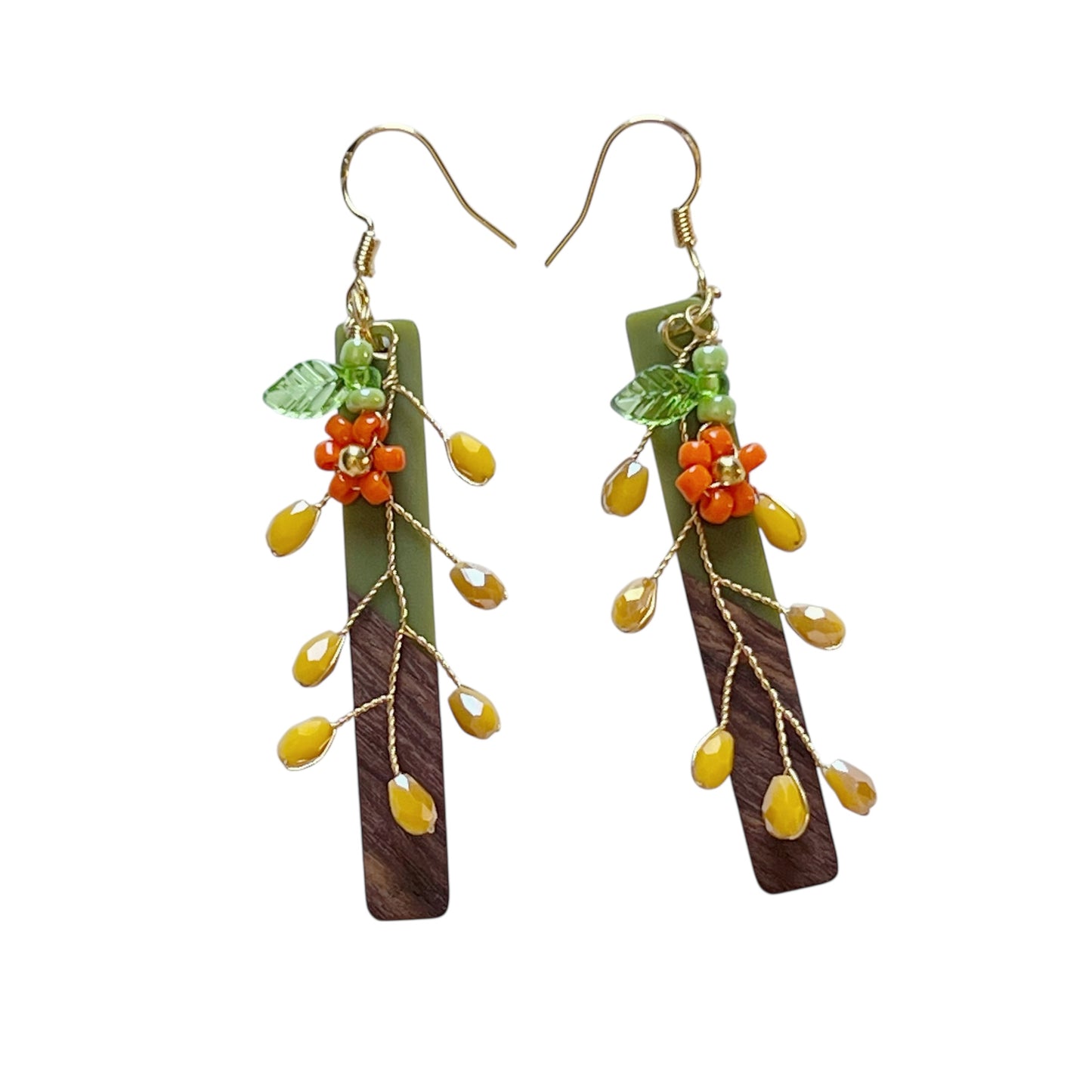 Autumn Vine Wood & Green Bar Earrings – Boho Fall Floral Drops