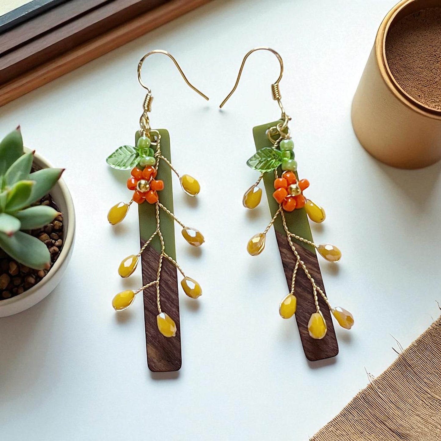 Autumn Vine Wood & Green Bar Earrings – Boho Fall Floral Drops