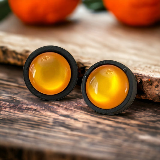 Orange Resin Black Wood Unisex Stud Earrings - Unique & Stylish Accessories