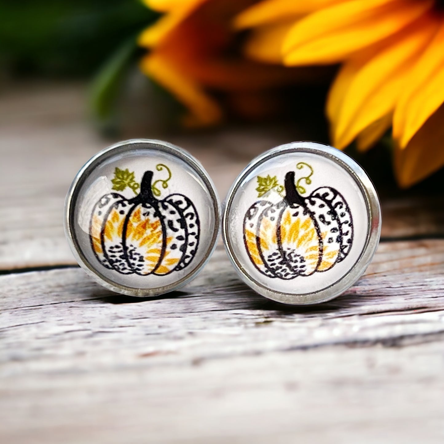 Pumpkin & Sunflower Silver Stud Earrings: Unique Autumn Accents for Your Style
