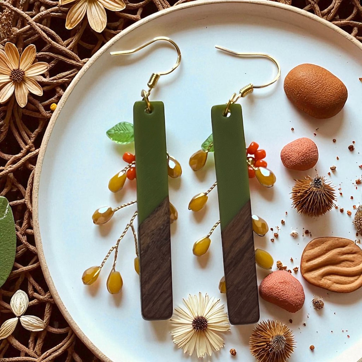 Autumn Vine Wood & Green Bar Earrings – Boho Fall Floral Drops