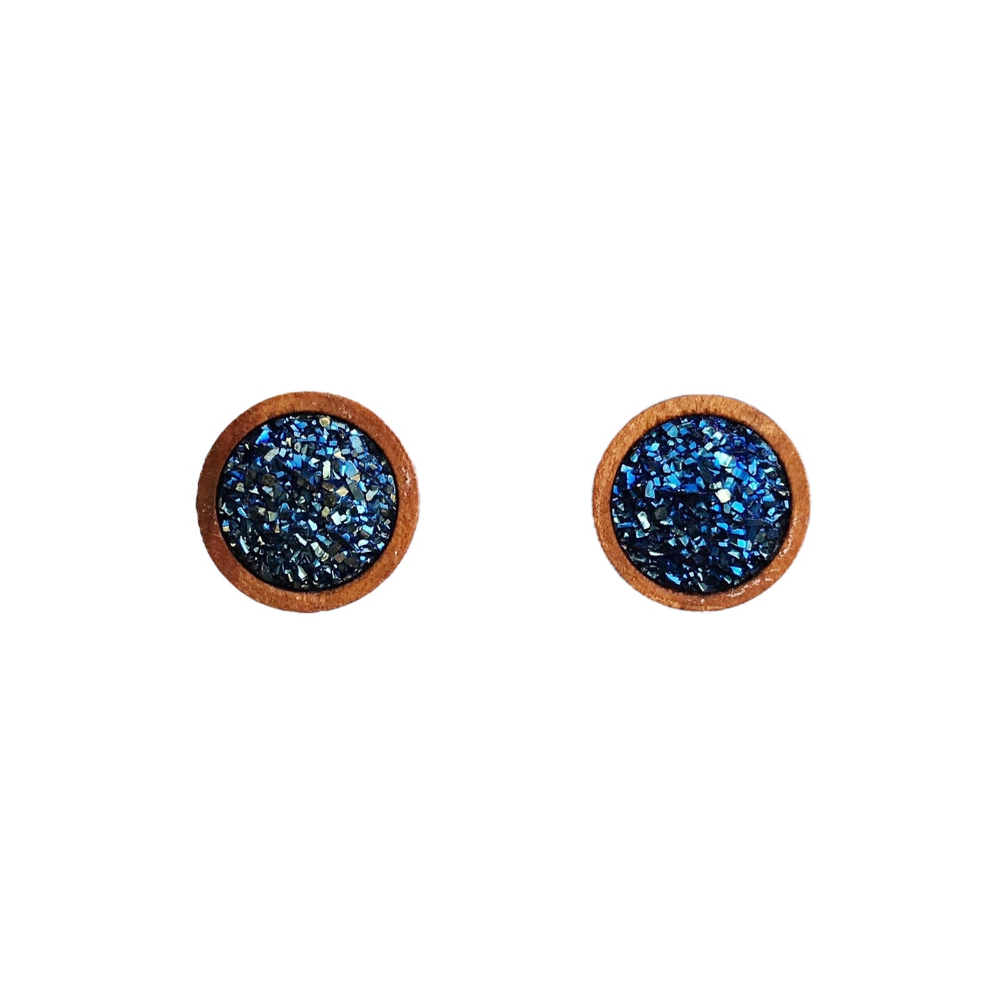 Blue Glitter Druzy Wood Stud Earrings - Sparkling Statement Accessories