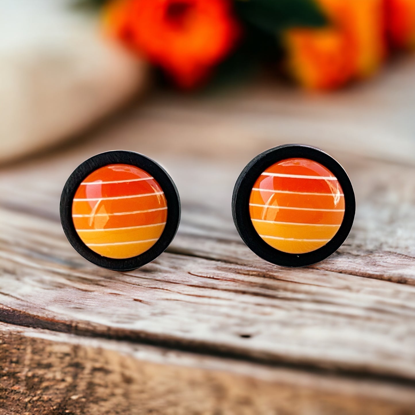Orange Gradient Striped Black Wood Unisex Earrings - Stylish & Unique Accessories