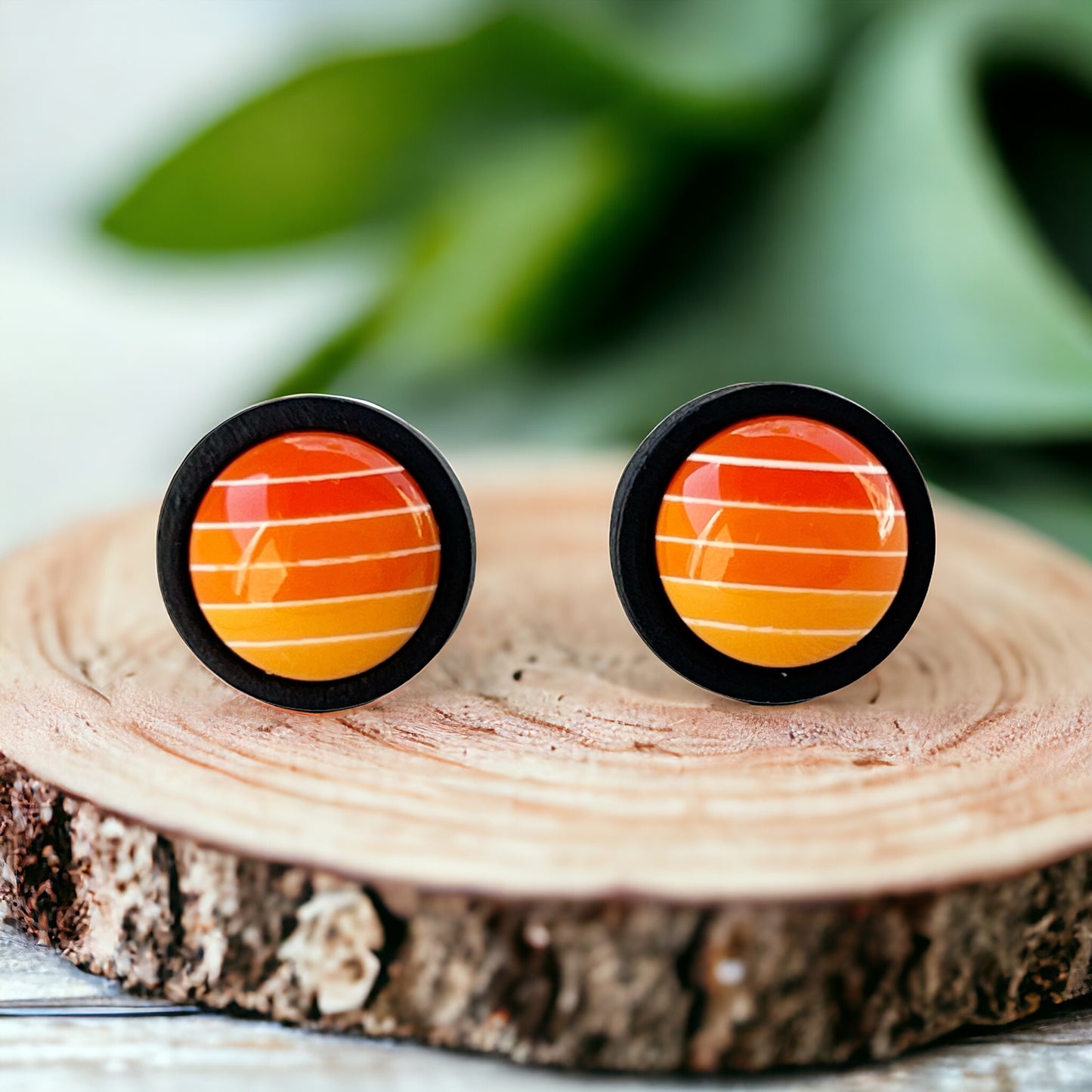 Orange Gradient Striped Black Wood Unisex Earrings - Stylish & Unique Accessories