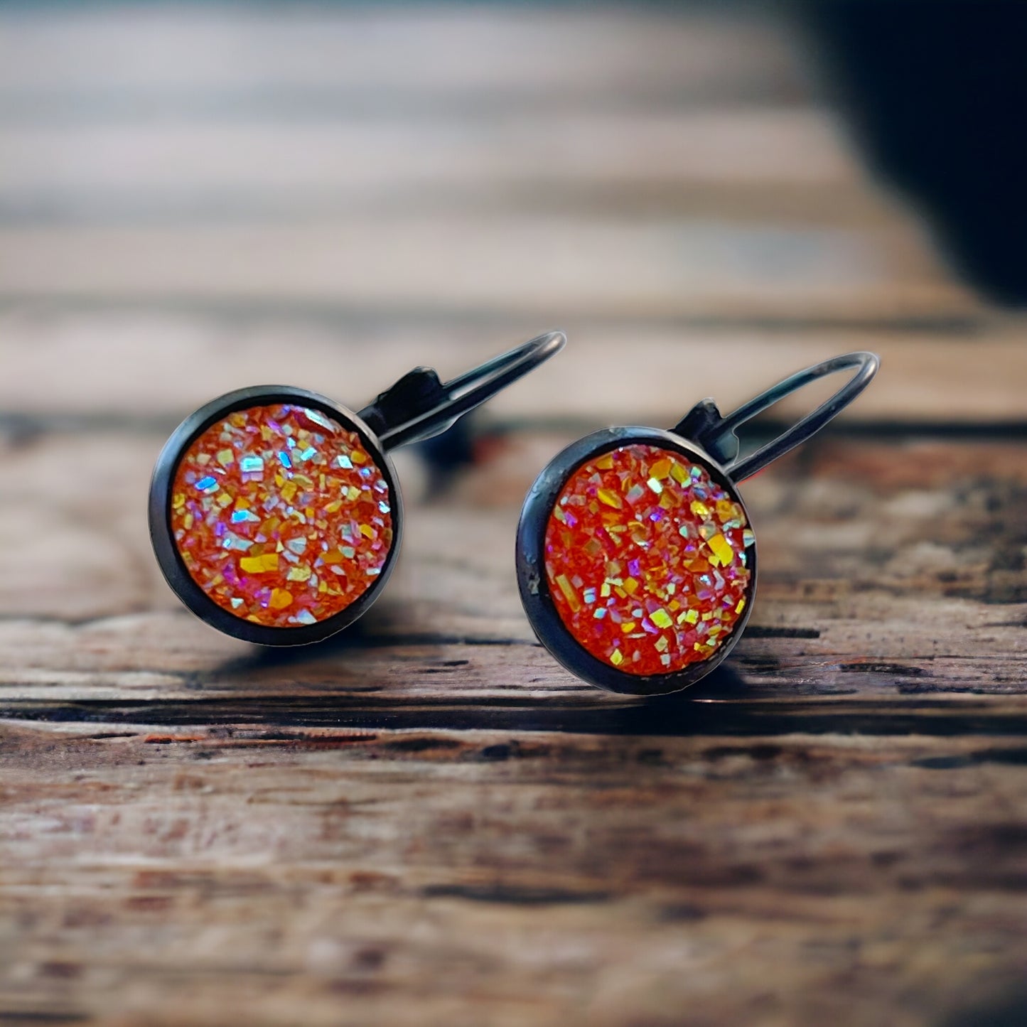 Orange Glitter Druzy Black Dangle Earrings - Sparkling & Stylish Accessories