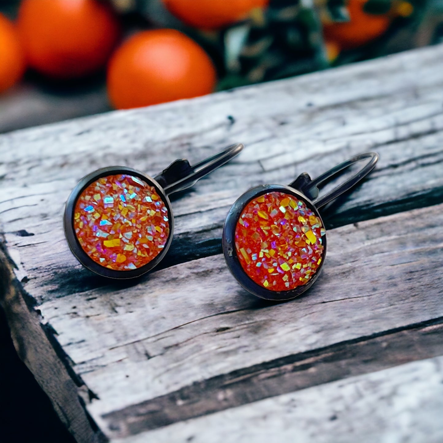 Orange Glitter Druzy Black Dangle Earrings - Sparkling & Stylish Accessories