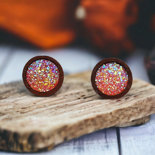 Orange Glitter Druzy Wood Stud Earrings - Sparkling & Vibrant Accessories