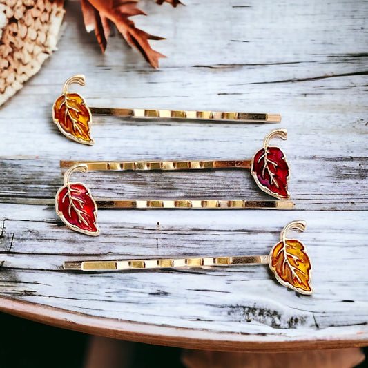 Fall Leaf Hair Pin Set – Gold Autumn Botanical Hair Pins in Warm Tones